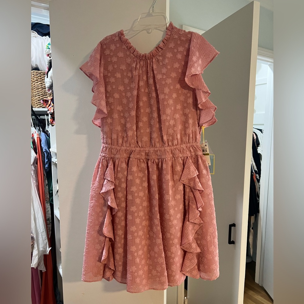 CeCe Short Sleeve Ruffled Floral Clip Chiffon Dress Mountain Rose